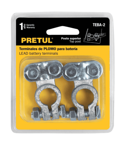 Blíster 2 terminales p/batería, plomo poste superior, PRETUL
