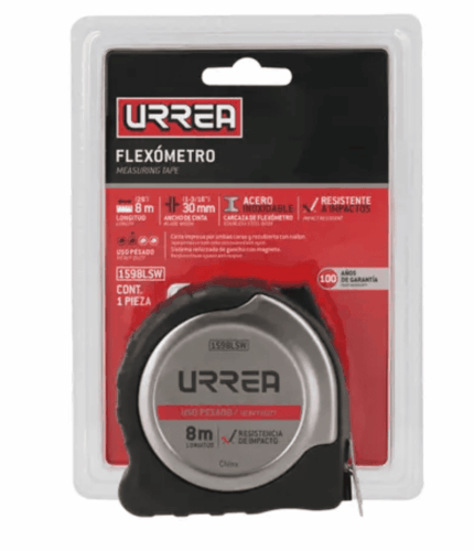 Flexómetro de acero inoxidable 8m x 30 mm Urrea